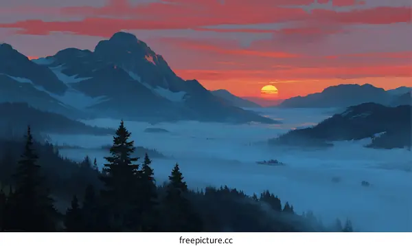 Breathtaking Mountain Range at Sunset with Morning Mist