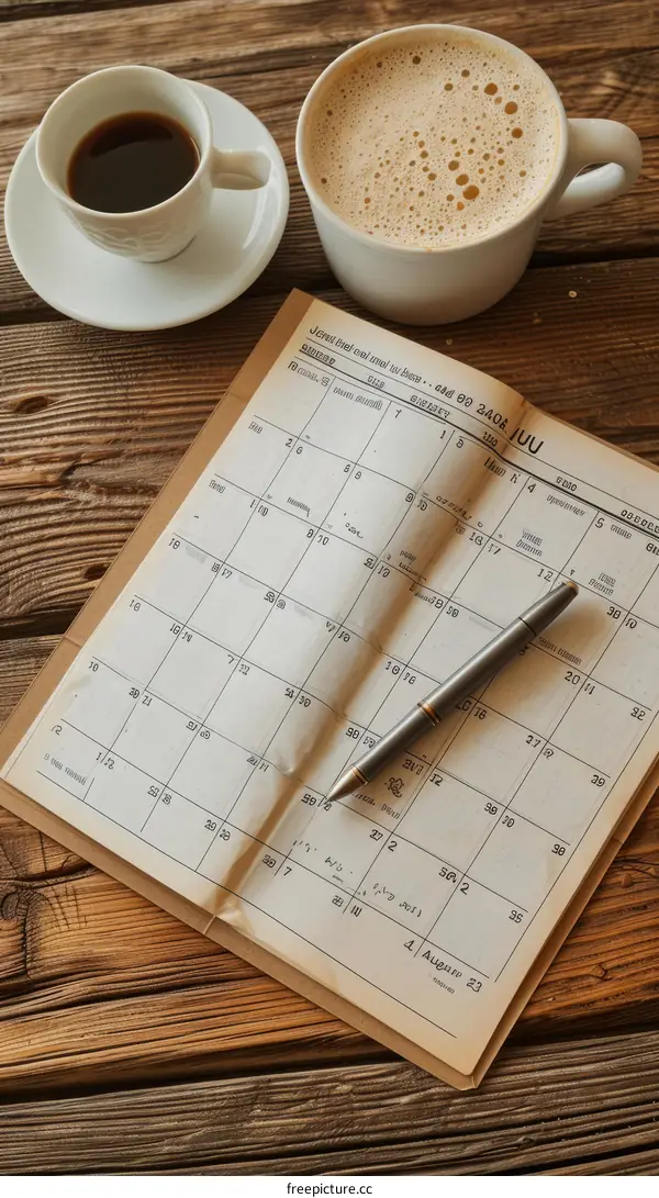 vintage coffee cup and pen on a wooden table