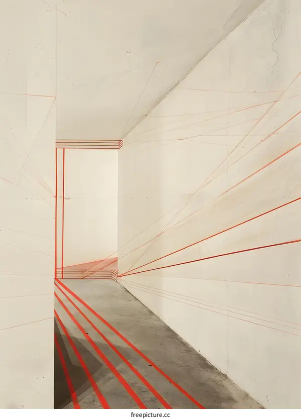 Red Lines Abstract Art Installation In Hallway