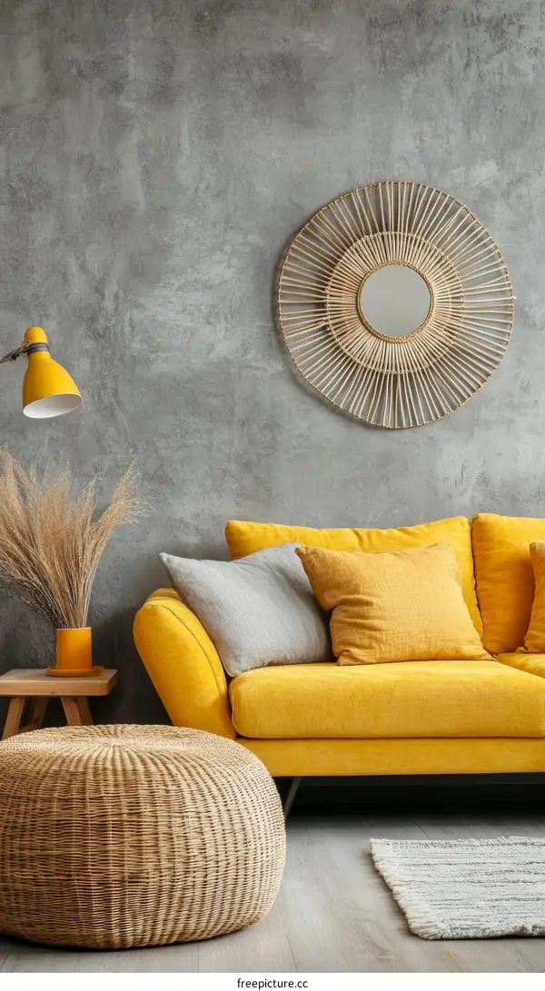 Modern Cozy Living Room with Yellow Sofa and Wicker Elements
