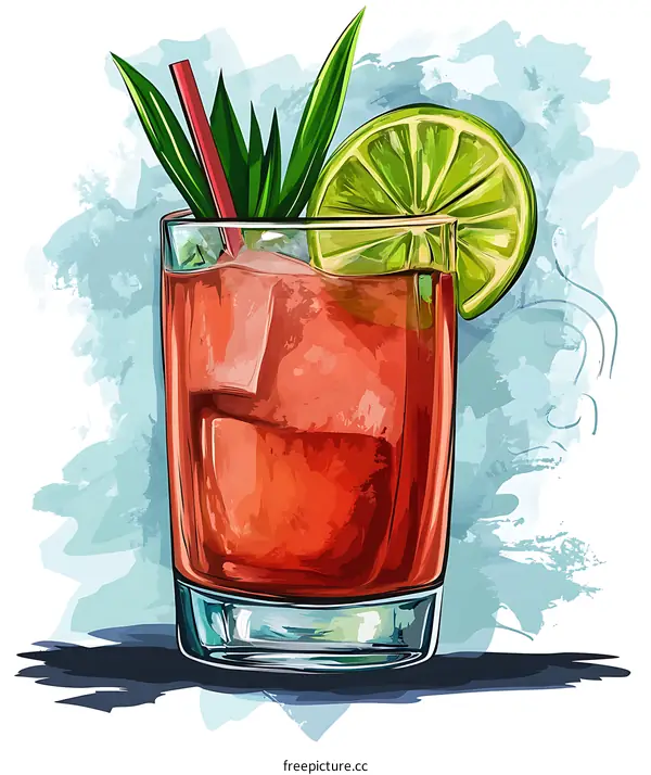 Watercolor Illustration of a Red Cocktail with Lime and Mint