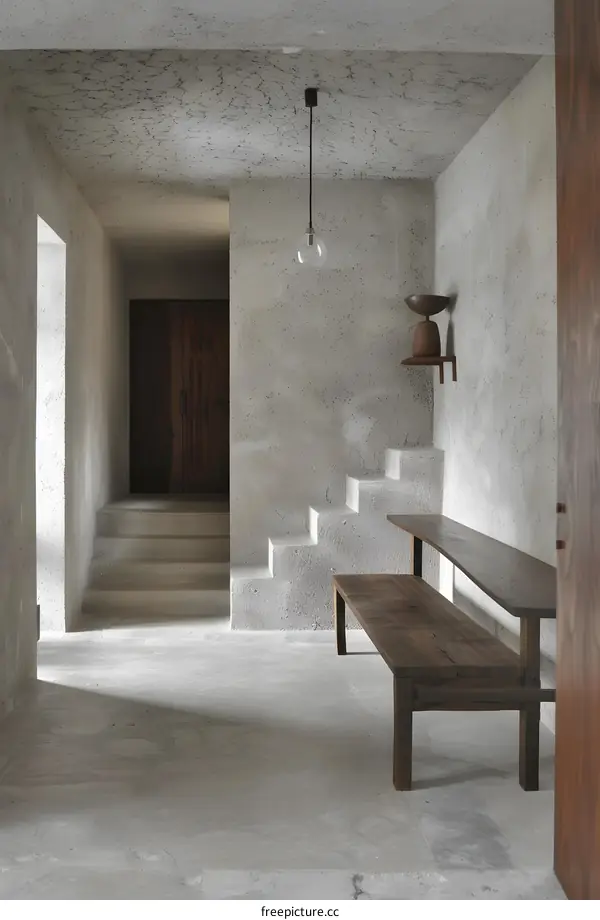 Minimalist Concrete Interior Design with Wooden Bench and Stairs