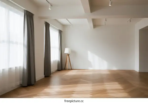 Bright and spacious empty room with wooden flooring and large windows