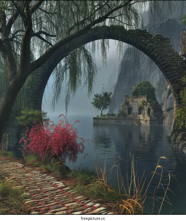 Ancient stone archway with overgrown ruins on a small lake