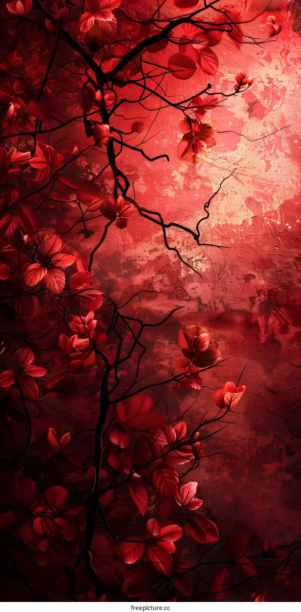 Red tree branches and red leaves on a dark red background