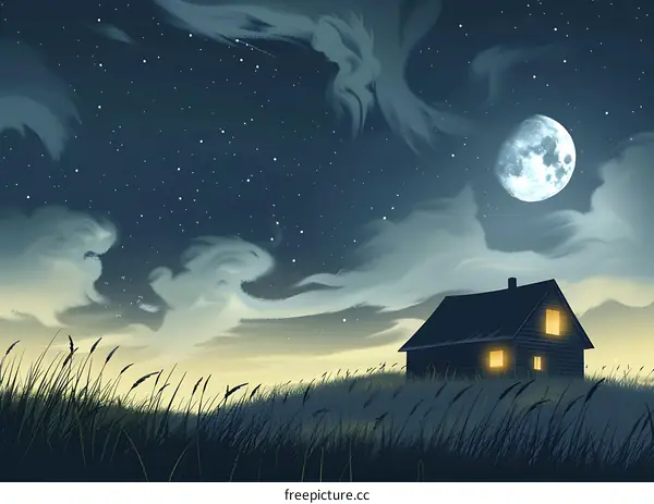 Night Sky with a House and Moon