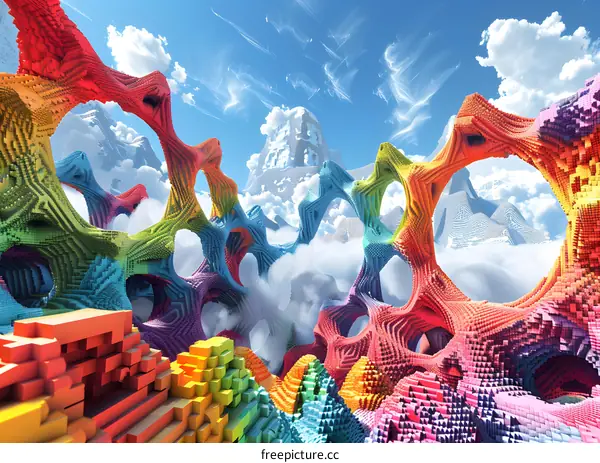 Colorful surreal landscape with geometric shapes and mountains