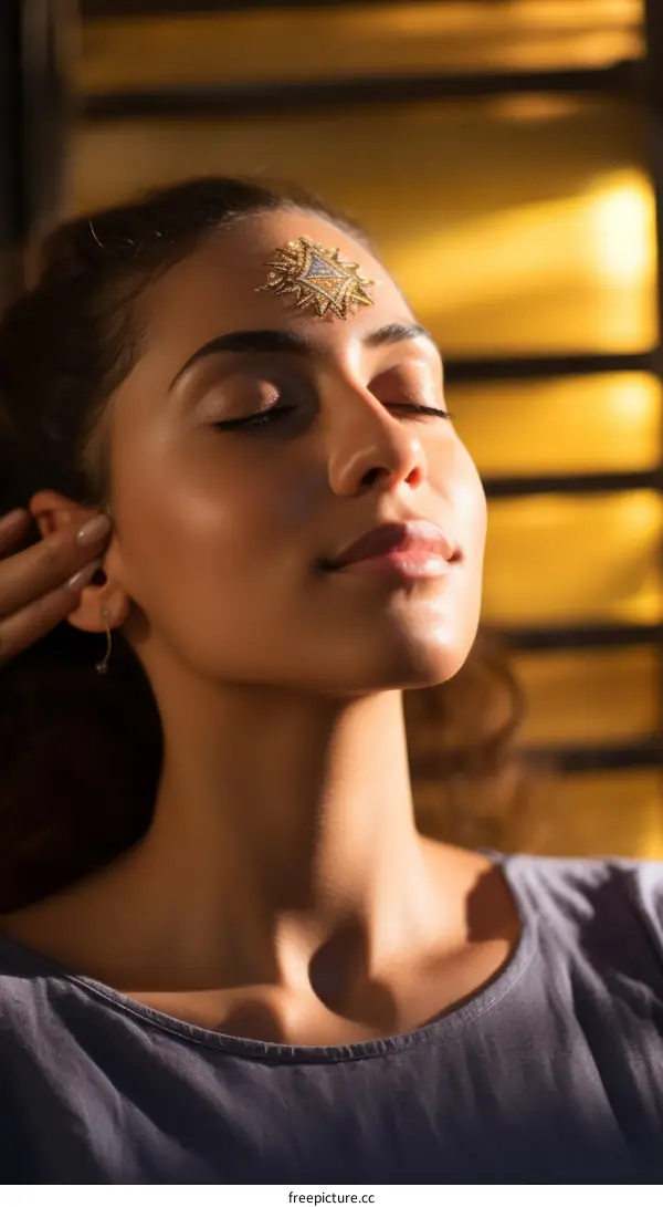 Portrait of a young woman with a golden bindi on her forehead
