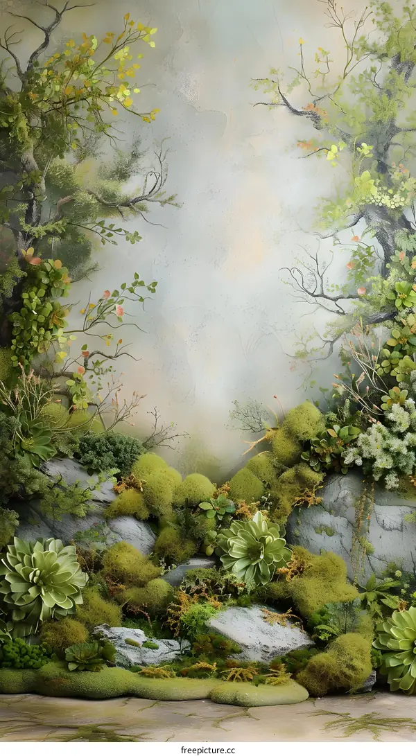 Green Moss Covered Rocks and Trees