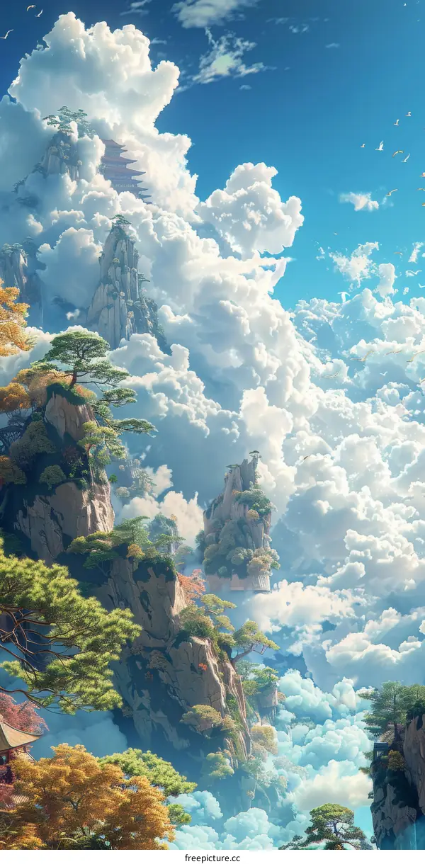Fantasy Mountain Landscape with Fluffy Clouds