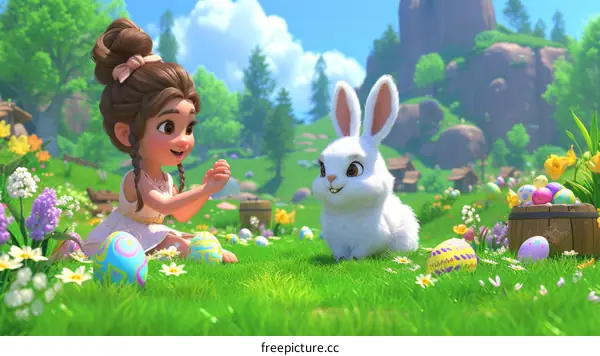A girl and a rabbit in a field of flowers