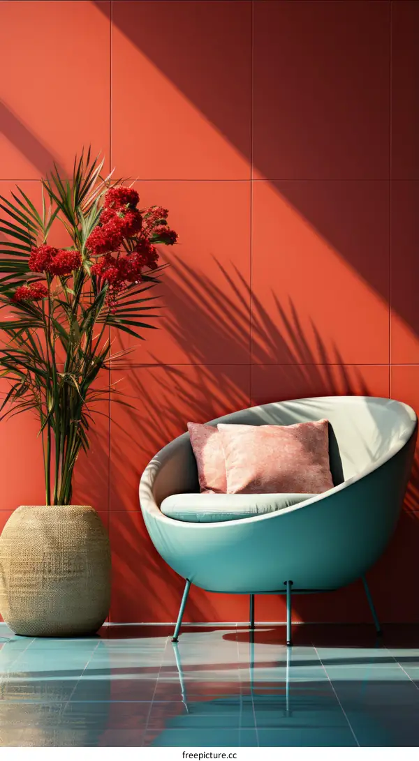 Blue chair against coral wall with palm tree