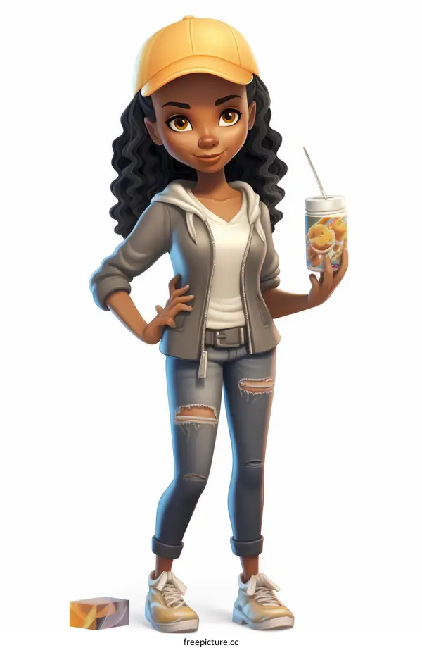 An illustration of a young woman holding a canned drink
