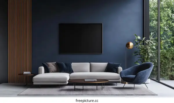 Modern Living Room Interior Design with Dark Blue Walls