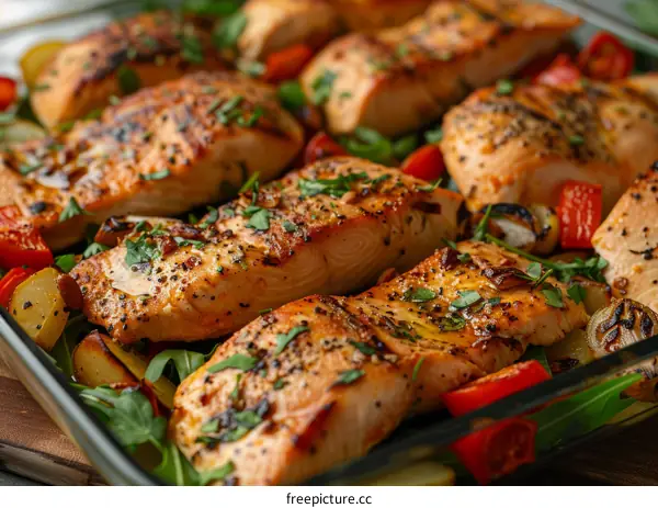 Close-up of grilled salmon fillet with vegetables