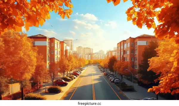 Autumnal Cityscape with Colorful Trees and Buildings