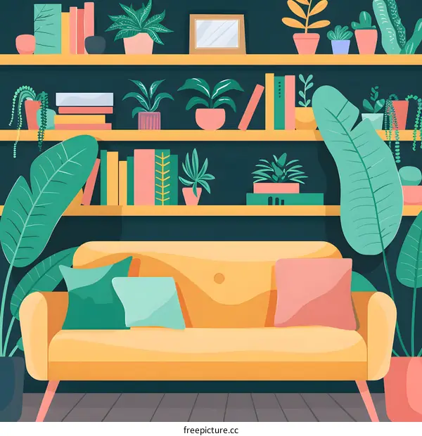 Modern Living Room Interior Design With Sofa, Plants And Books On Shelf