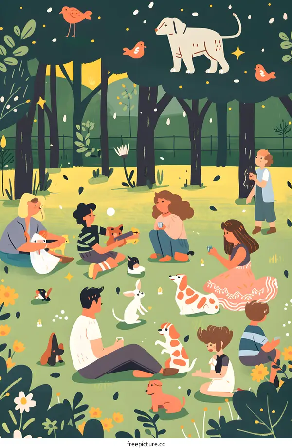 Dogs and Friends Gathering in a Green Forest