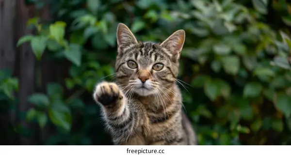 A cat reaching out its paw with green foliage in the background