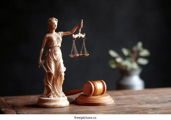 Statue of Justice with Scales and Gavel on Wooden Table