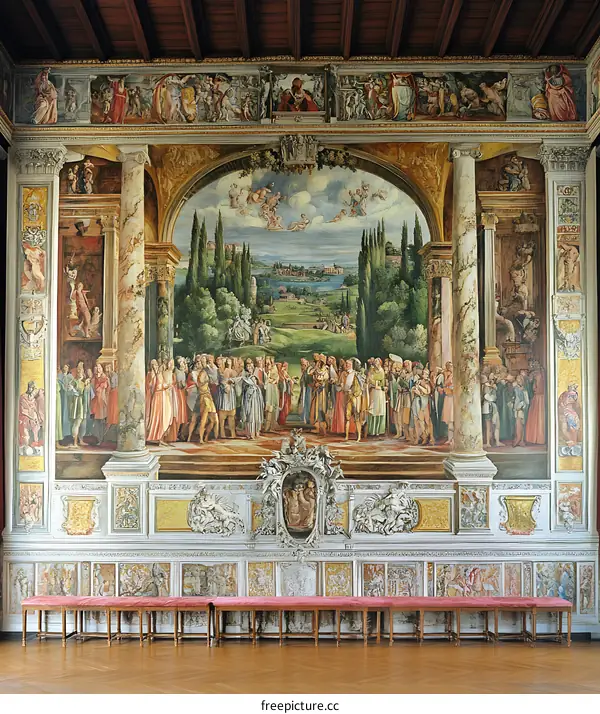 Fresco Painting of a Gathering in a Landscape with a Archway