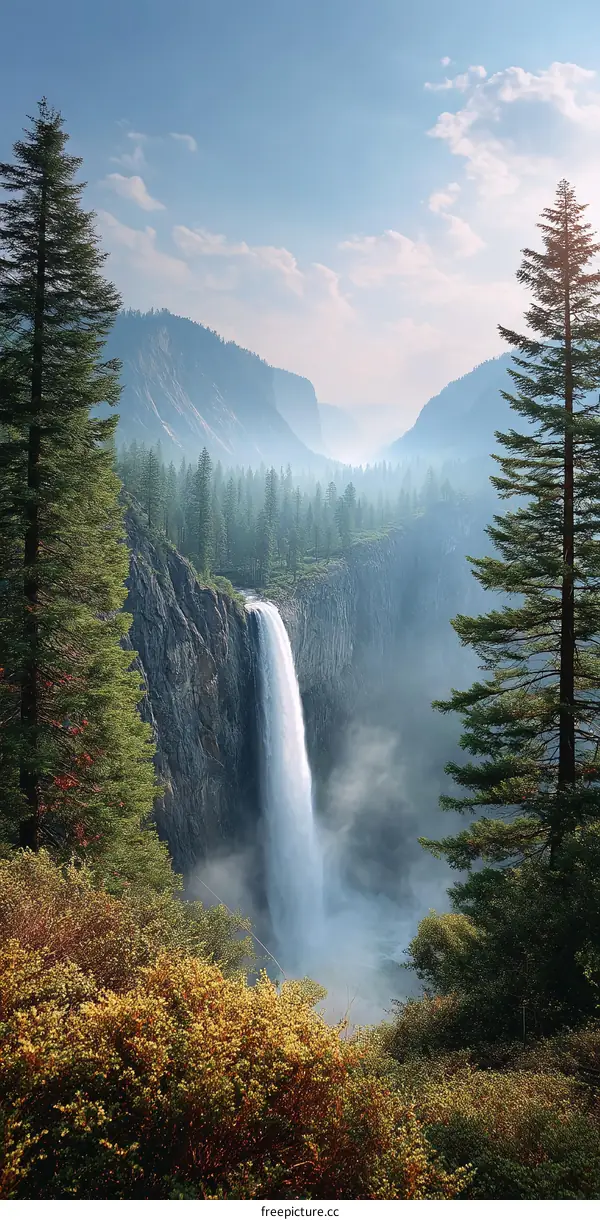 Majestic Waterfall in a Mountain Valley
