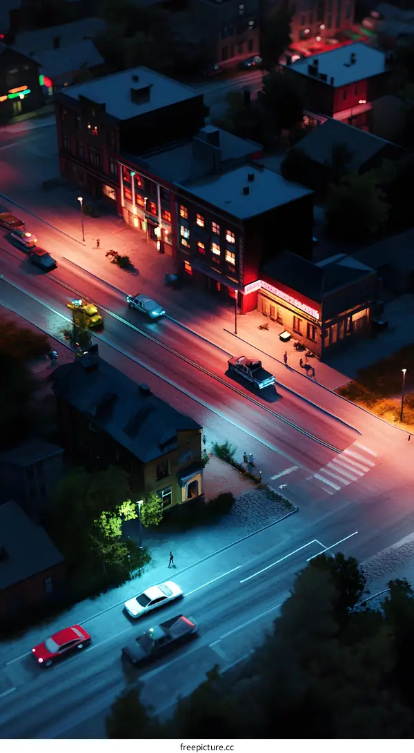 Nighttime View of City Street with Cars and Buildings