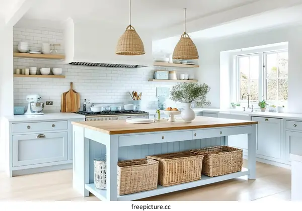 Cozy Light Blue Kitchen with Wooden Island
