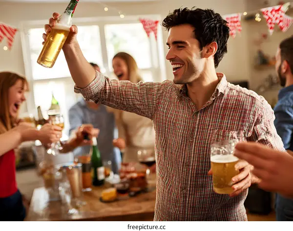 Group of Friends Celebrating with Beer and Wine at a Party