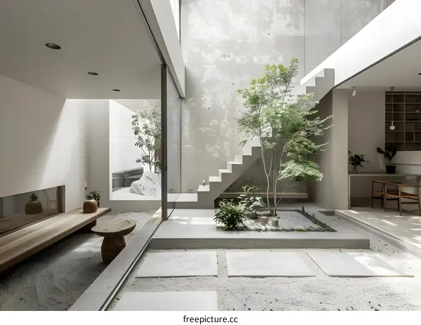 Modern Minimalist Japanese Garden Courtyard With Concrete Stairs And Plants