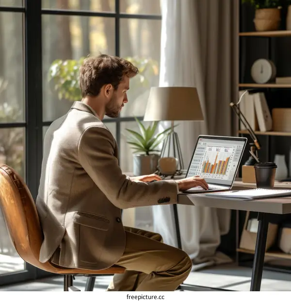 Businessman analyzing financial data on laptop computer