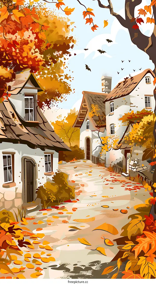 Autumn Village Illustration with Colorful Leaves and Stone Path