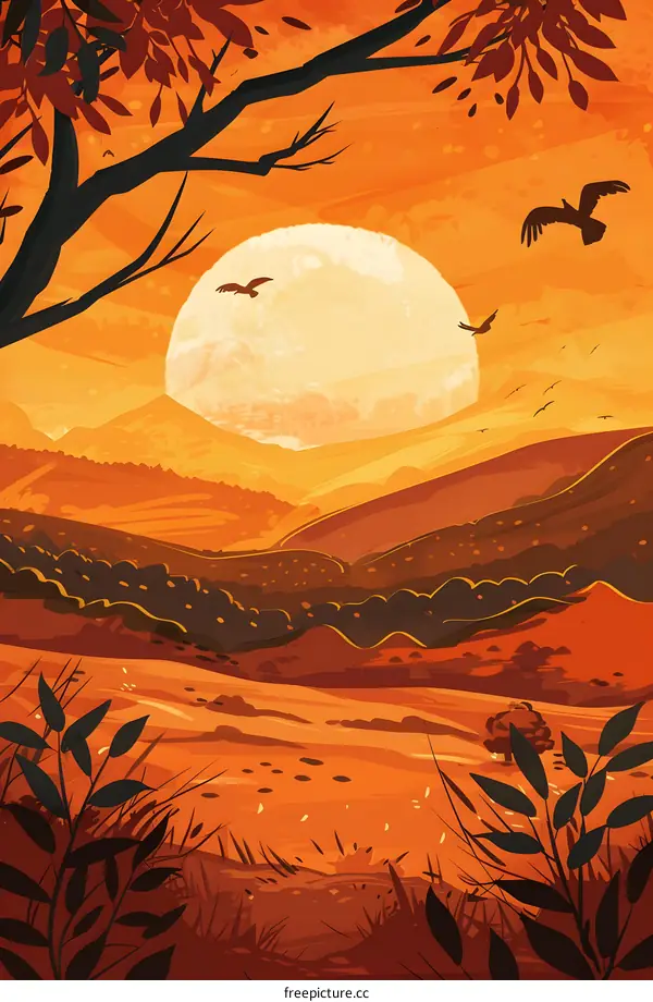 Sunset Landscape With Birds Flying Over Mountains
