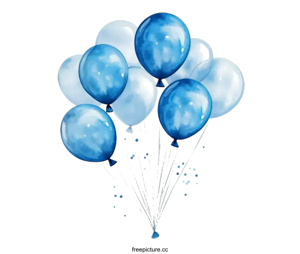 [Transparent Background PNG]Watercolor Illustration of a Bunch of Blue and Light Blue Balloons