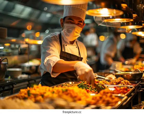 A chef wearing a mask and gloves is serving food from a buffet.
