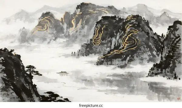 Mist Wreathed Golden Streaked Mountain Peaks with River