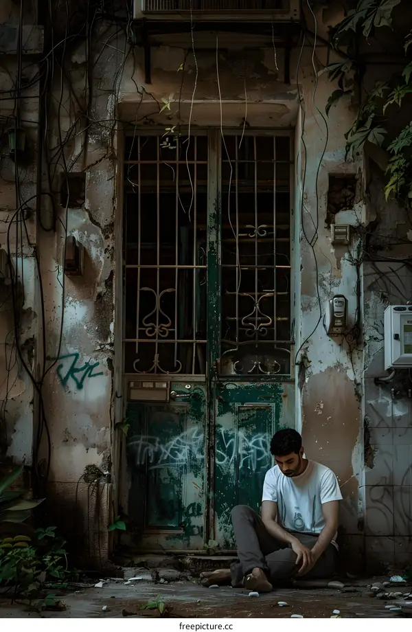 Man Sitting In Front of Old Door