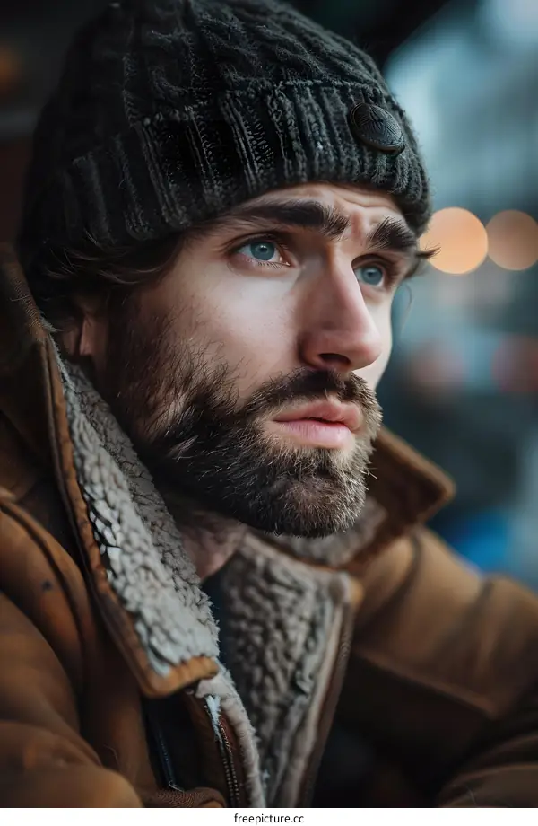 portrait of a handsome man with a beard wearing a brown jacket and a gray beanie