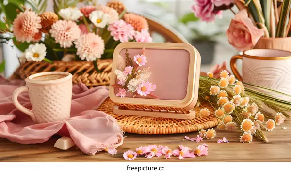 Wooden Frame with Dried Flowers and Pink Mug on a Wooden Table
