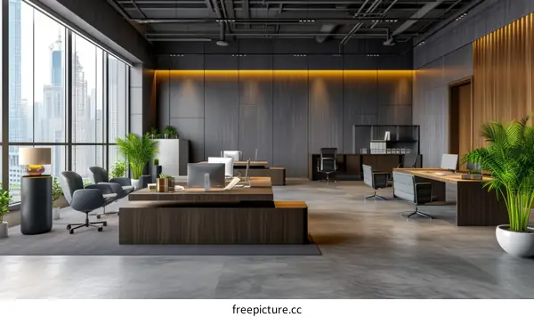 Modern Office with Large Windows and Dark Wood Accents