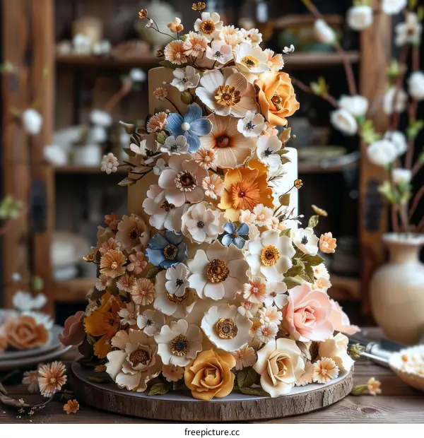 Four tier wedding cake decorated with sugar flowers