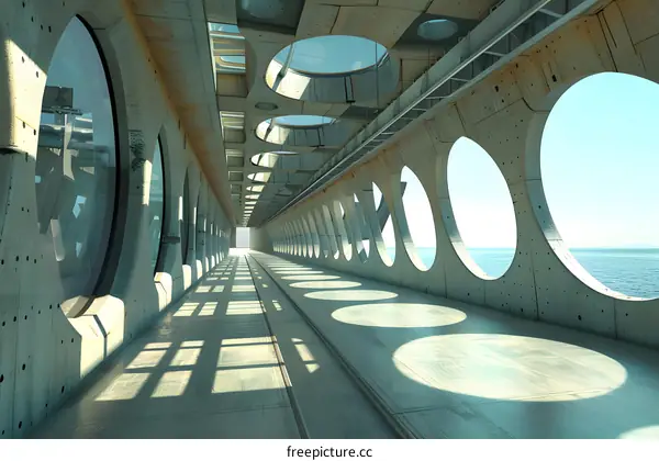 Futuristic Concrete Corridor With Round Windows