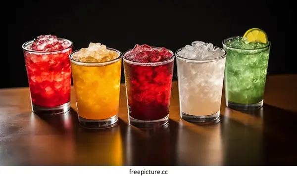 Five glasses of different drinks on a bar