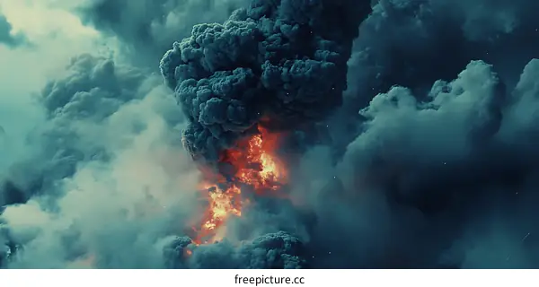 Dark Clouds and Flames of a Volcanic Eruption