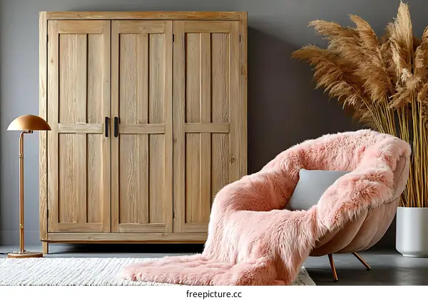 Modern Wooden Wardrobe and Pink Furry Chair
