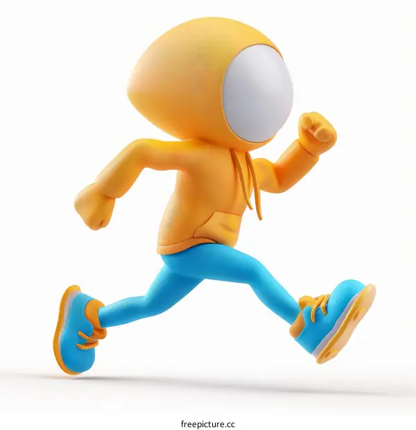 3D illustration of a yellow and blue cartoon character running