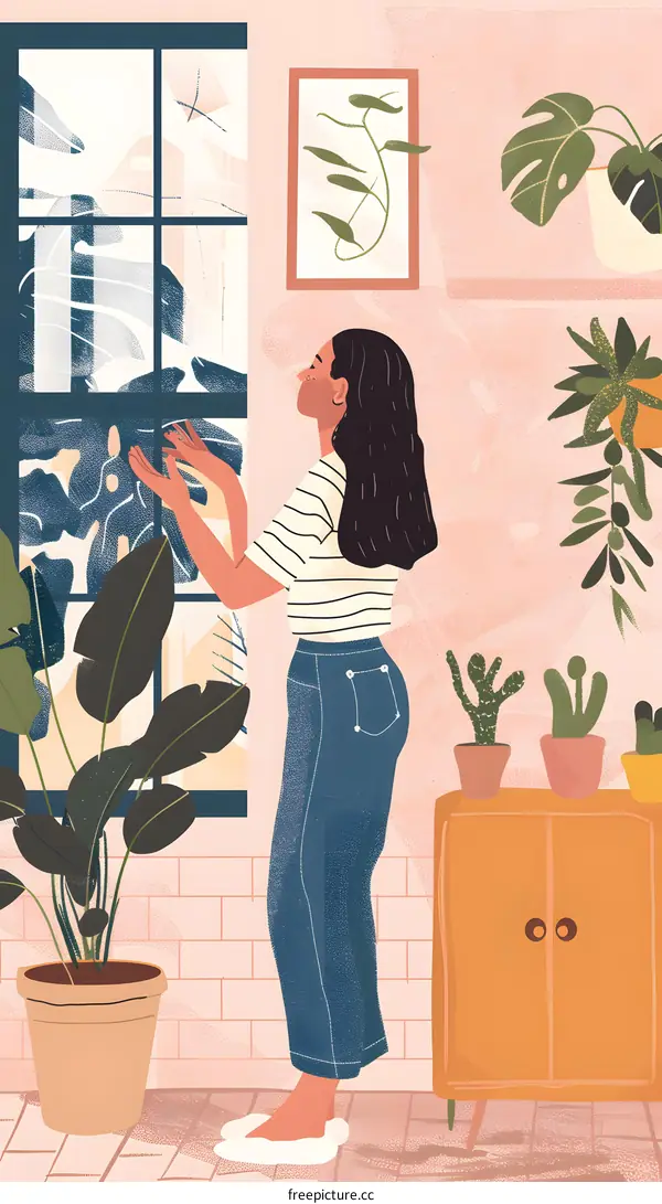 Woman Standing by Window in a Room Full of Plants