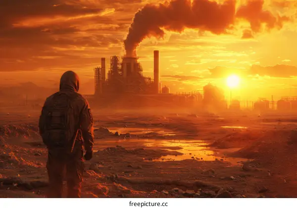 Post-apocalyptic scene of a lone survivor in a desolate industrial wasteland