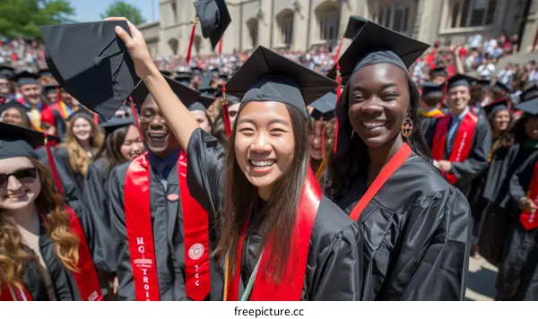 Two female college graduates in caps and gowns smile at the camera during a graduation ceremony