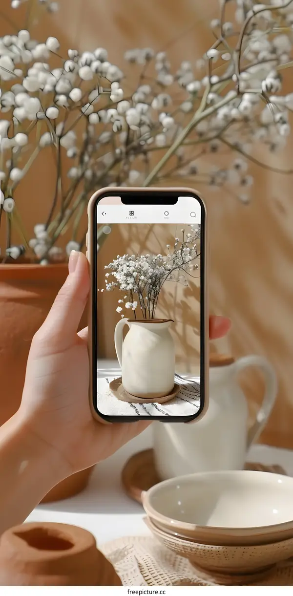 Hand Holding Smartphone Taking Picture of White Pitcher with Dried Flowers